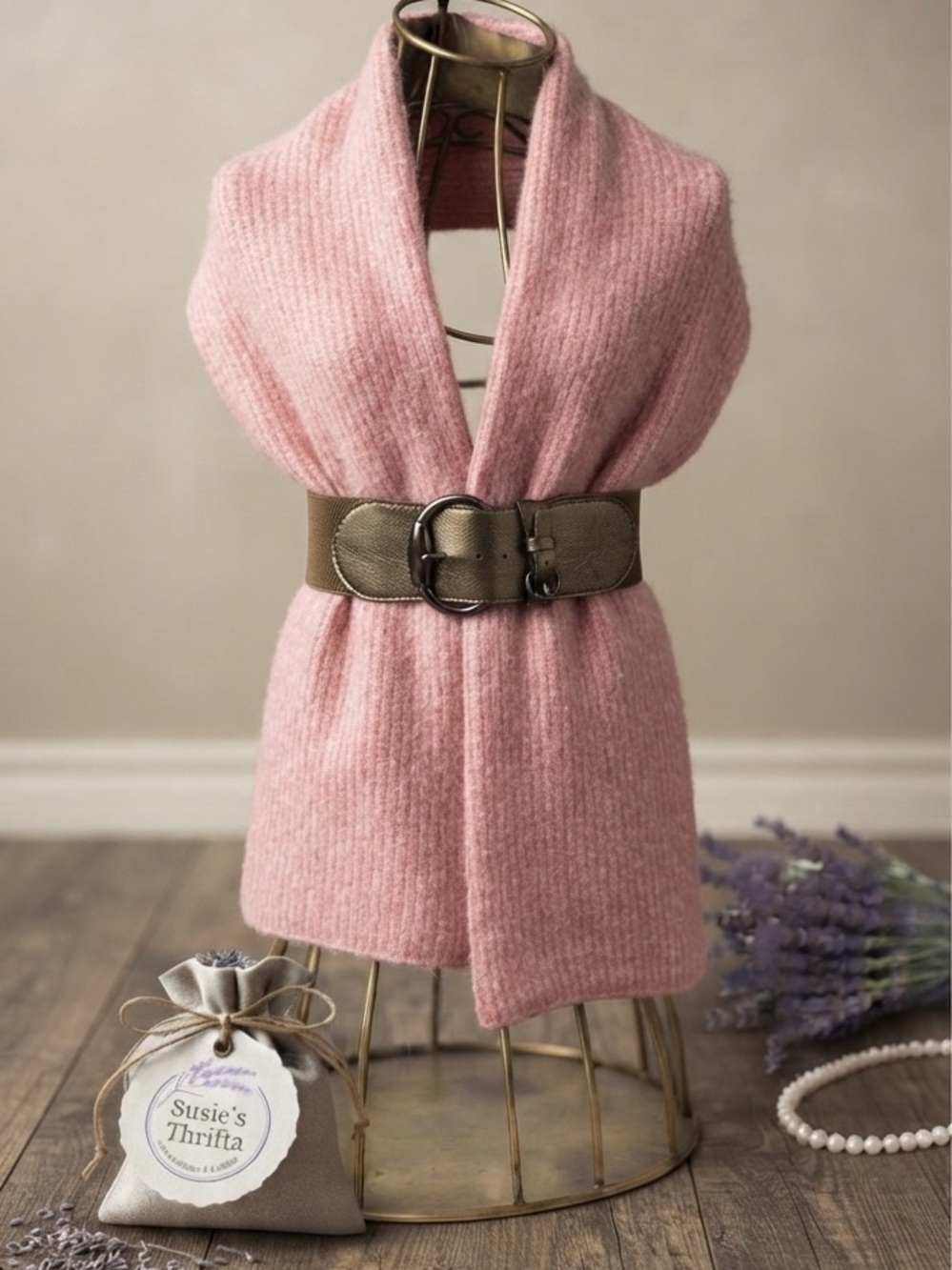 Rose Ribbed Blanket Scarf With Metallic Belt Set